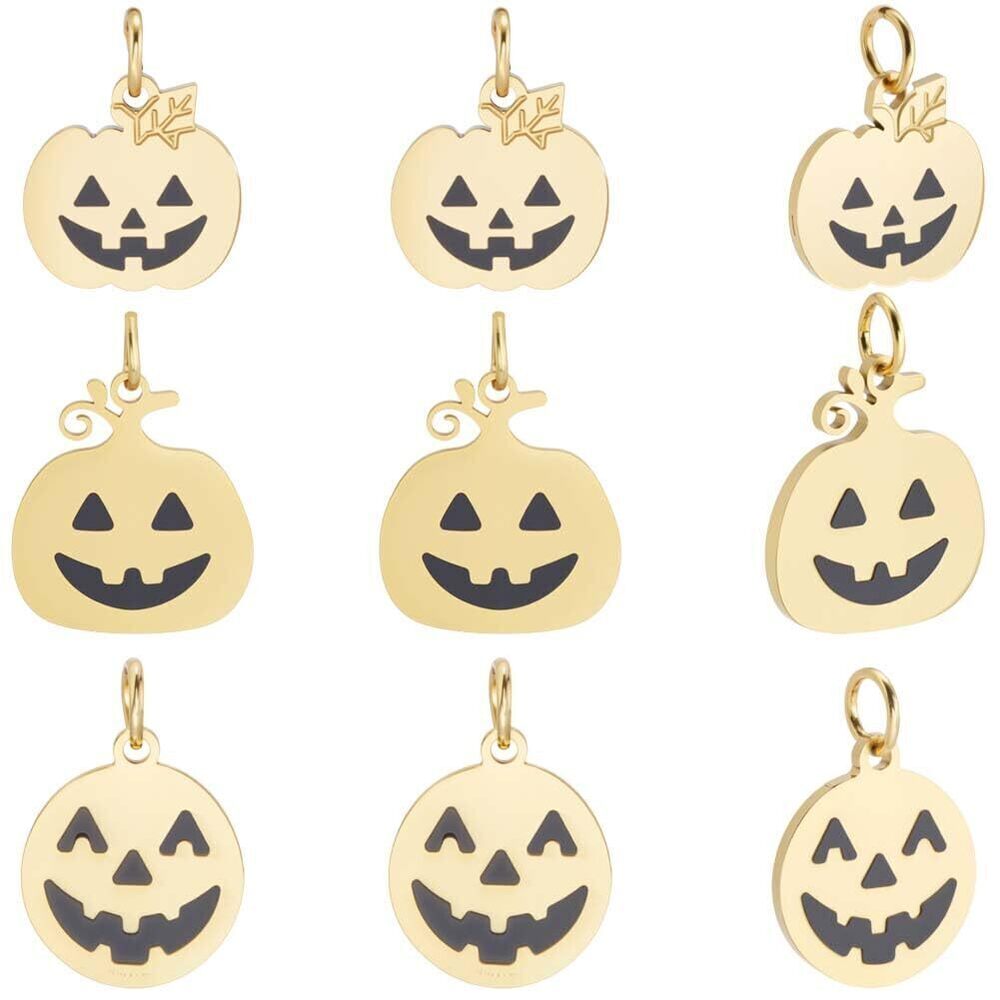 4400 9Pcs 3 Styles Halloween Pumpkin Charms 14K Gold Plated 316 Stainless